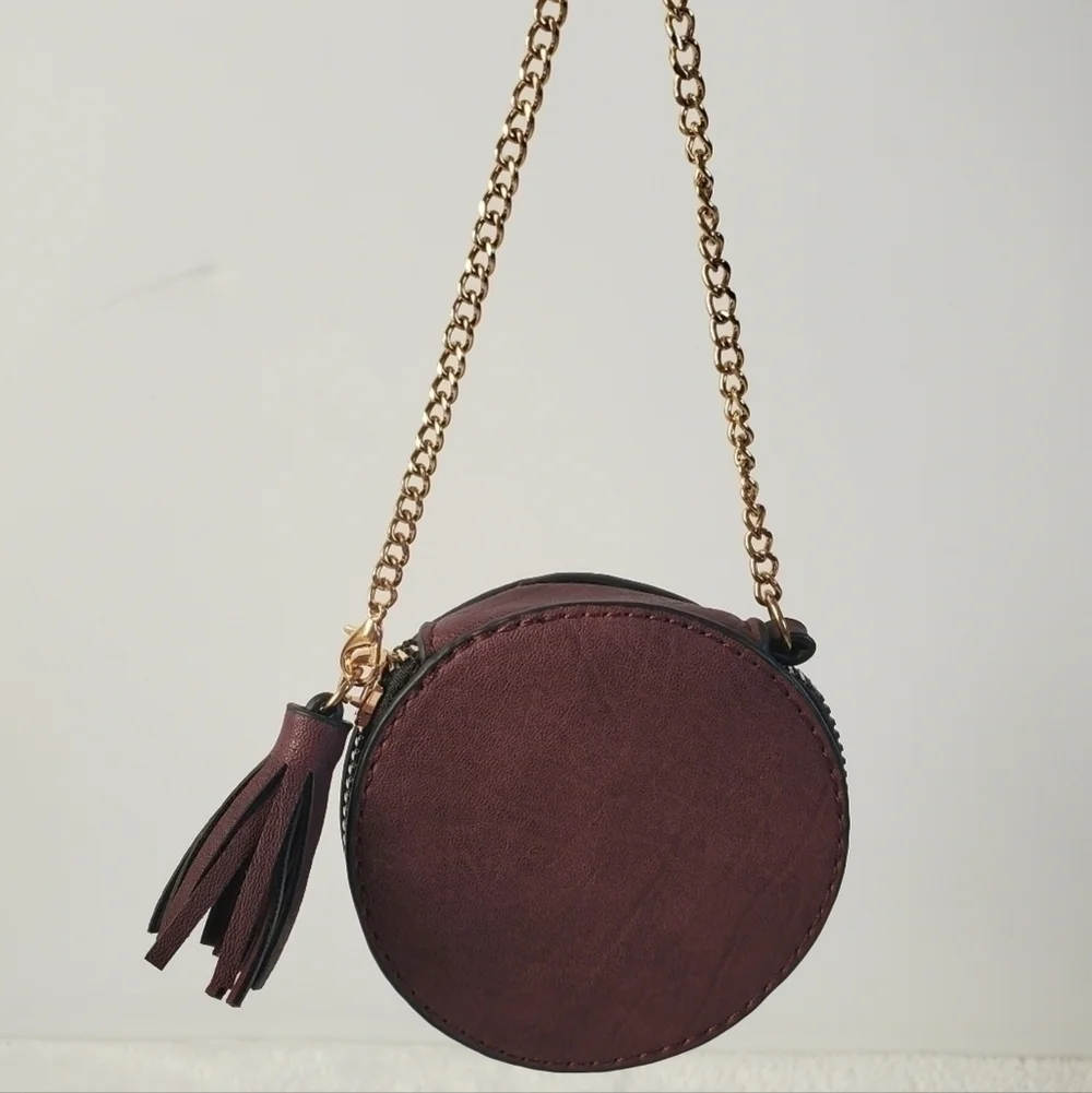 LEATHER Circular Round Shell Deep Burgundy Red Gold Chain Wristlet Purse